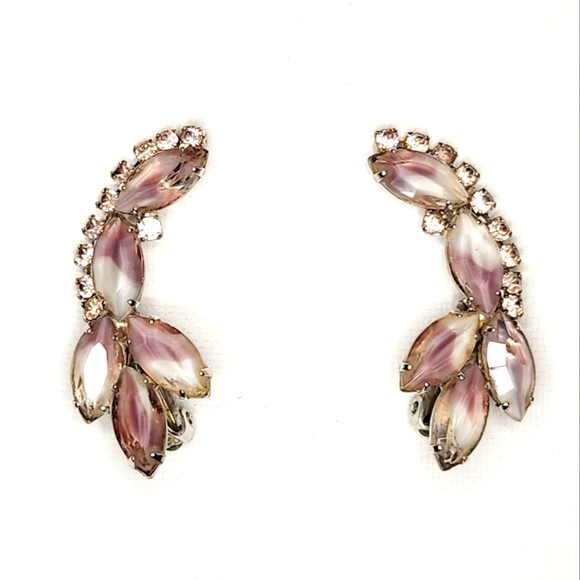 Vtg Pale Purple Navette Marquise Rhinestone Silver Tone Clip Earrings Crawler - Picture 1 of 6